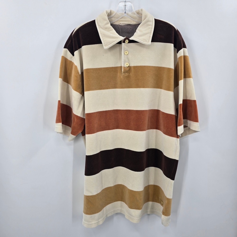 Velour Striped Polo Shirt Mens XL Brown Tan Orange Retro Short Sleeve